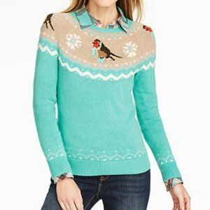 Talbots Aqua Blue Snow Bird Fair Isle Crewneck Sweater